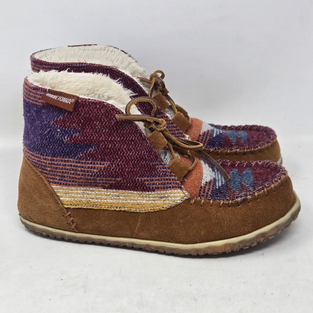 Minnetonka Torrey Suede Southwestern Pattern Faux Fur Lined Ankle Boots Brown 8M